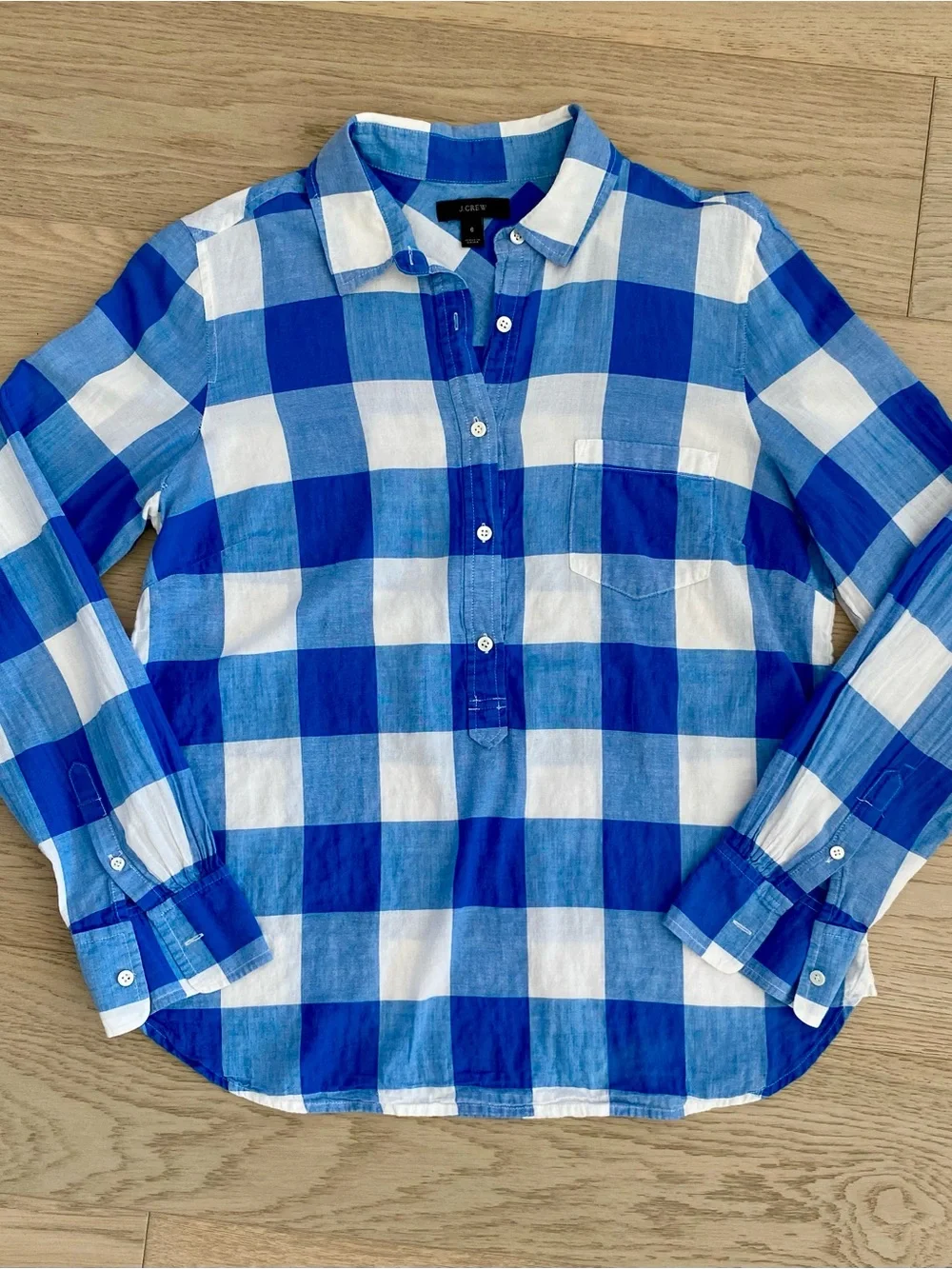 J.Crew Blue White Buffalo Plaid Popover Henley Top Shirt, size 6